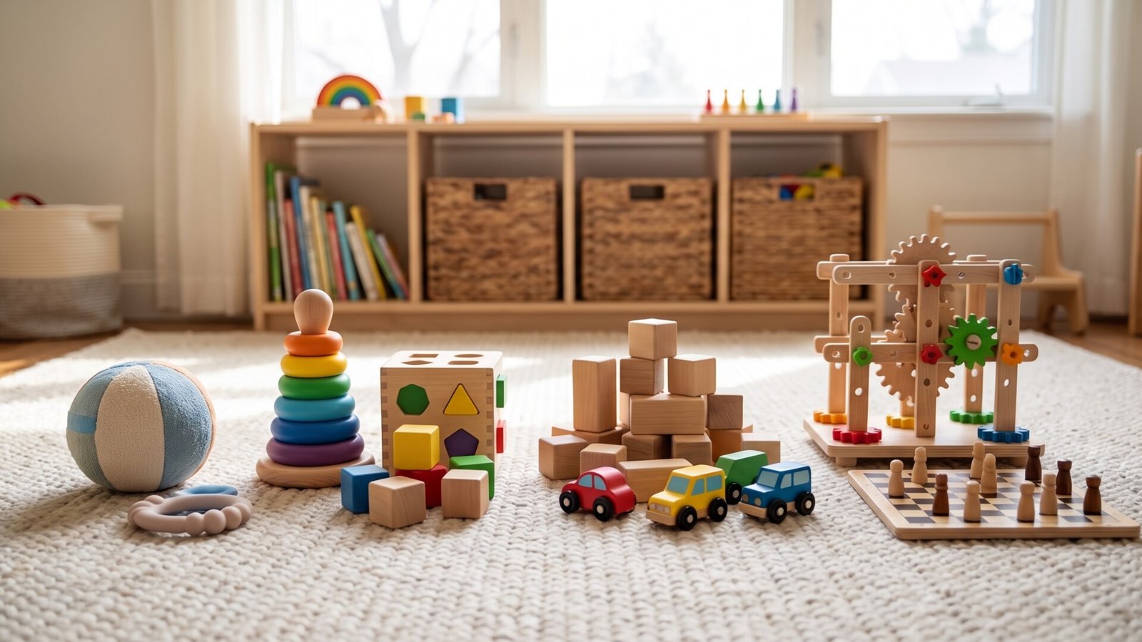 Wooden toys arranged by developmental age from infant rattles to complex gear puzzles and chess on a playroom rug