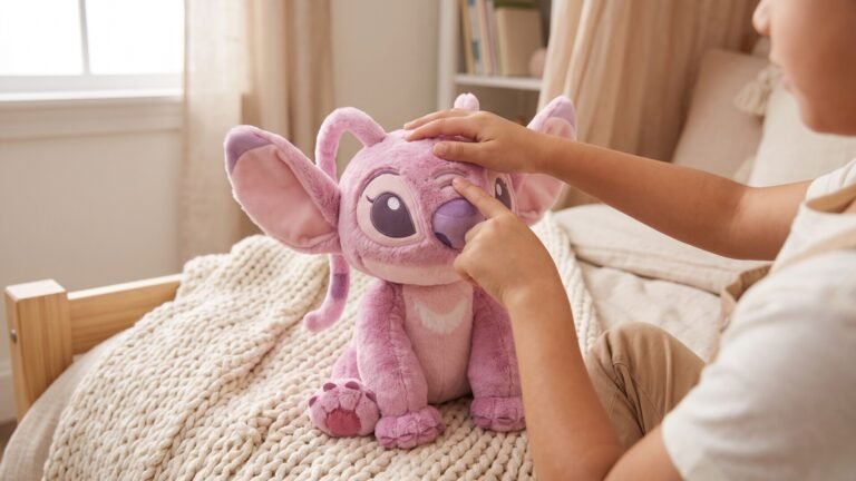 Child petting the head of Disney's Many Moods Angel plush toy on a cozy knit blanket