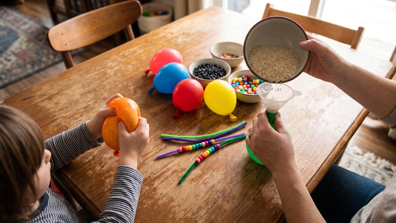 Child squishing a balloon stress ball while a parent pours rice into a funnel to craft homemade sensory toys