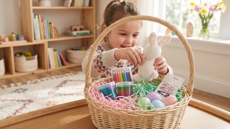 Young girl opening a woven Easter basket filled with a plush bunny, craft supplies, and pastel eggs