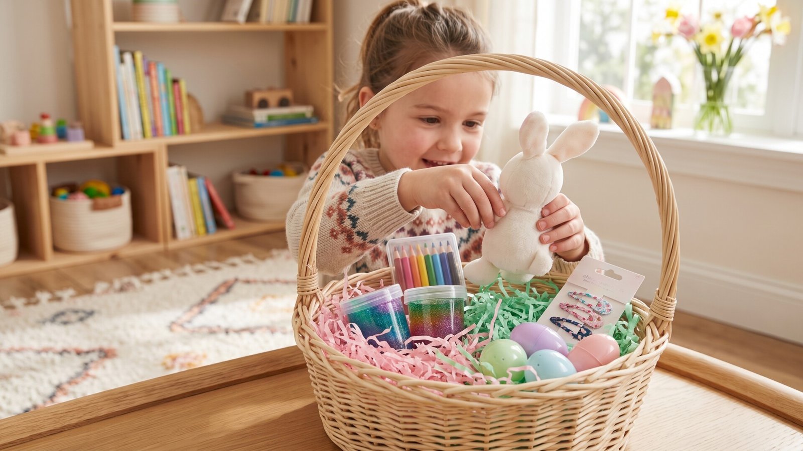 Young girl opening a woven Easter basket filled with a plush bunny, craft supplies, and pastel eggs
