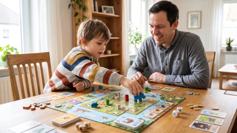 A smiling father and young boy playing a colorful tabletop board game with wooden animal pieces at home
