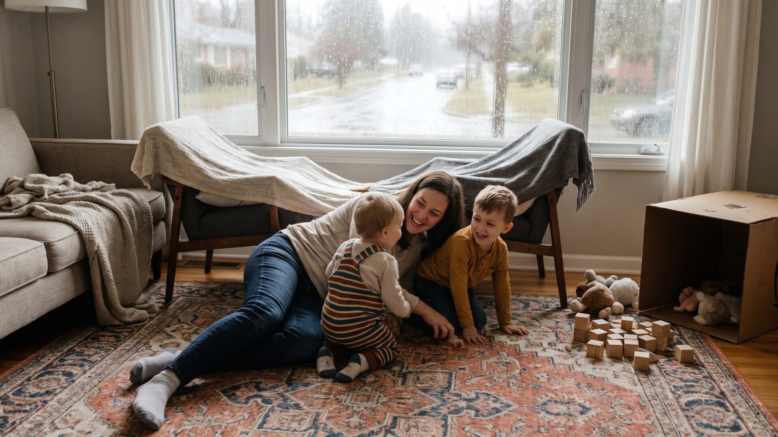Mother and two young children joyfully playing on the living room rug during a rainy afternoon