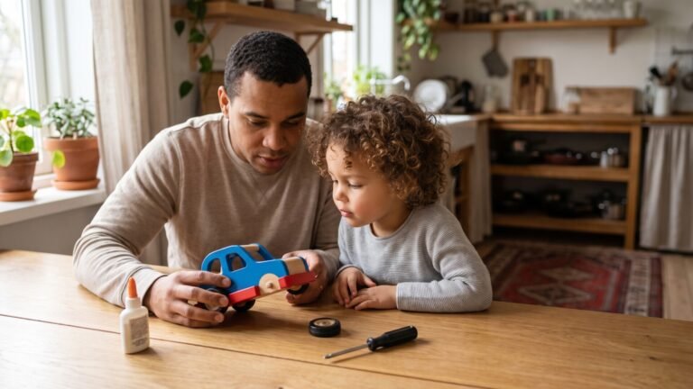 Father and young child inspecting a broken toy car at a table with glue and tools to repair it