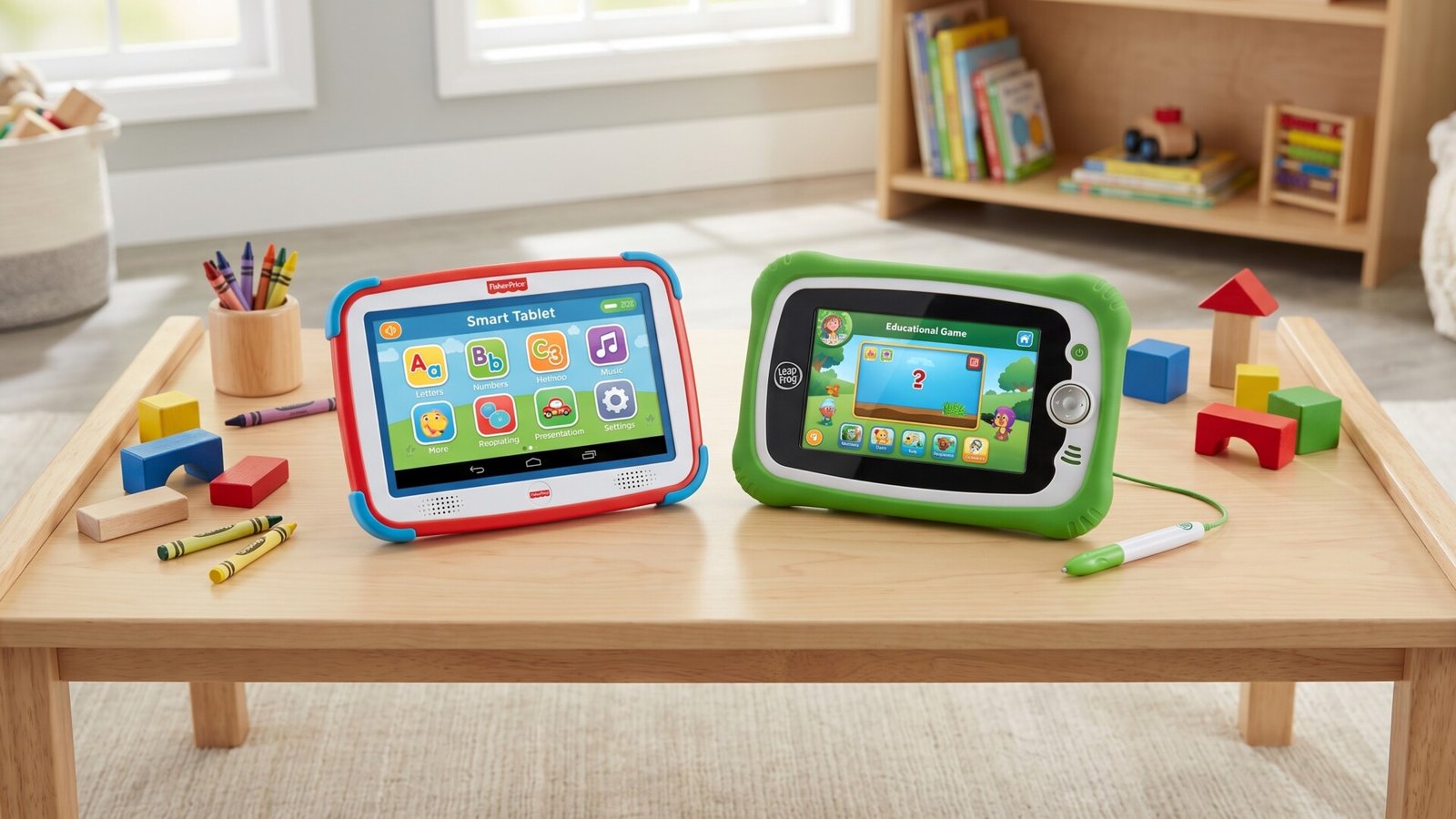 Fisher-Price smart tablet and LeapFrog learning tablet side by side on a wooden table with crayons and blocks