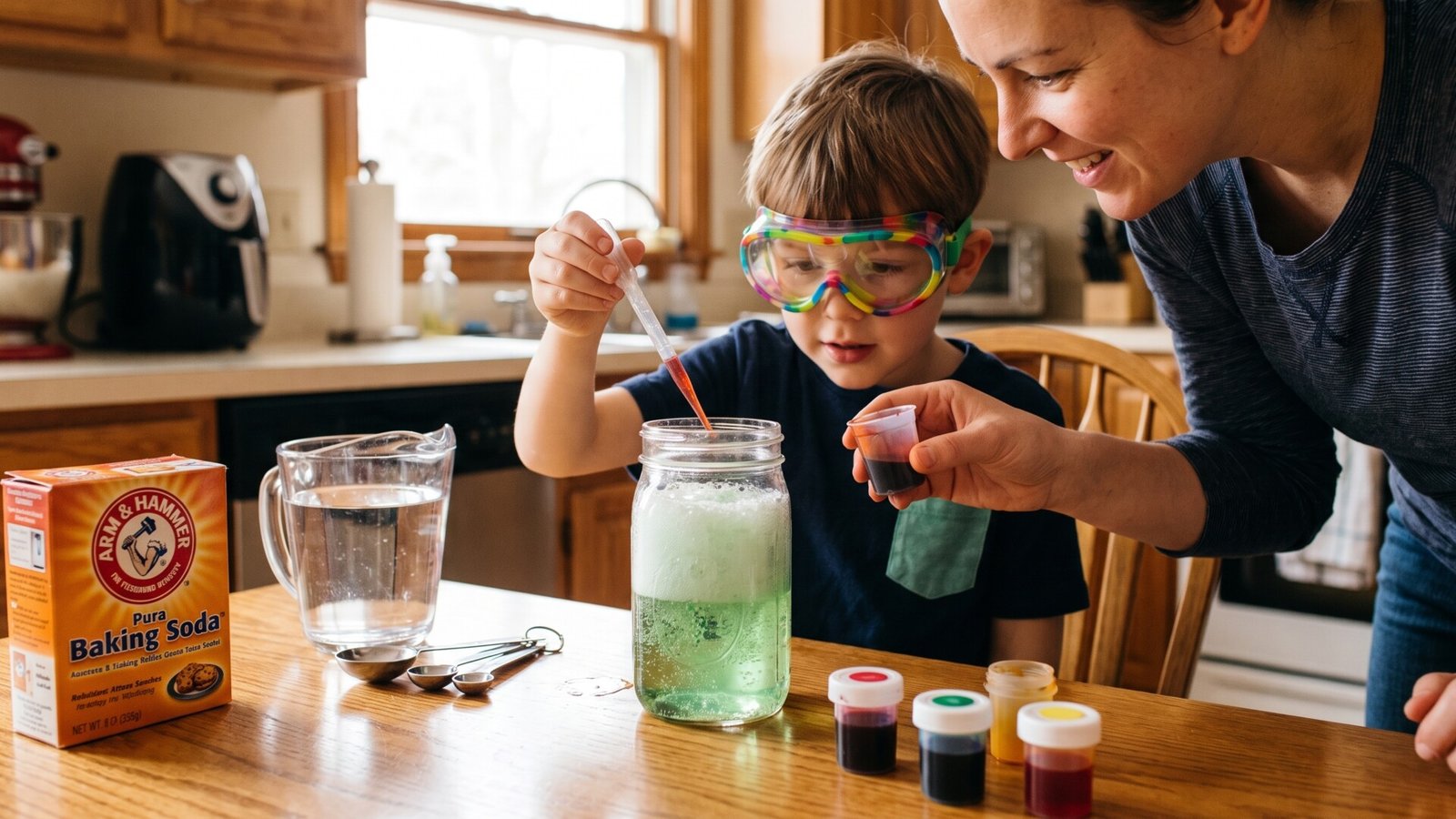 Young boy wearing safety goggles uses a dropper for a bubbling science experiment with his mother