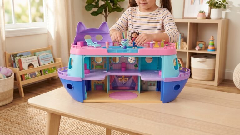Child playing with the opened Gabby's Dollhouse cruise ship playset on a wooden table