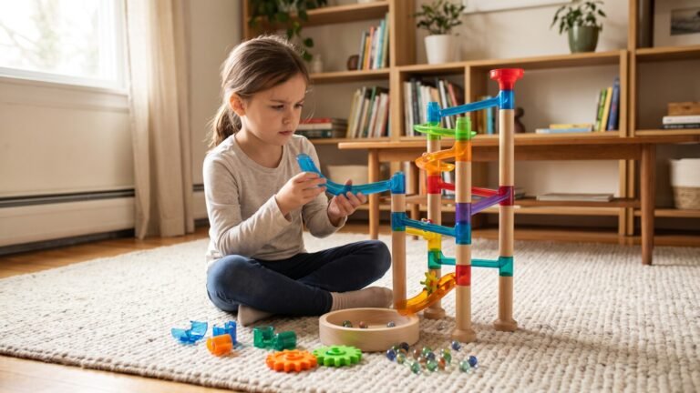 Young girl focused on assembling a colorful marble run track on a living room carpet