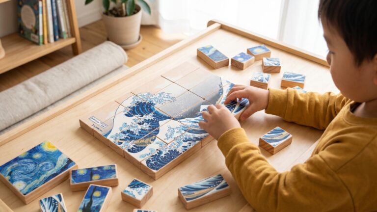 Child piecing together a Hokusai Great Wave wooden puzzle from the Hape x The Met art blocks collection