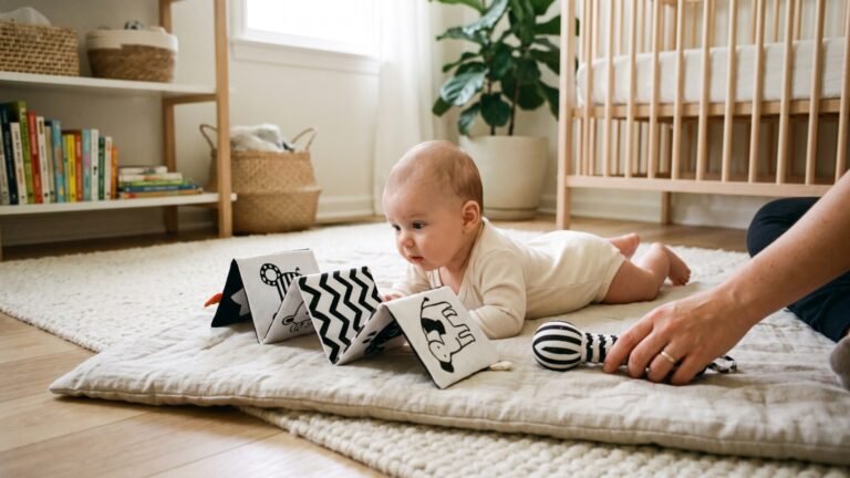 Baby doing tummy time while looking at a black-and-white accordion soft book and rattle