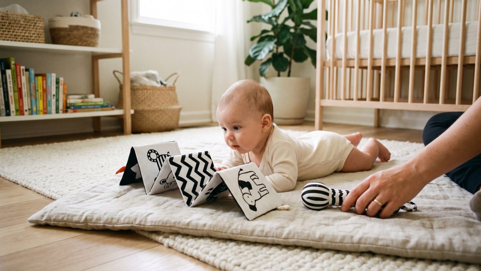 Baby doing tummy time while looking at a black-and-white accordion soft book and rattle