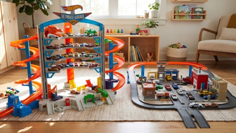 Hot Wheels Ultimate Garage towering beside a realistic Matchbox town roadway playset on a playroom carpet