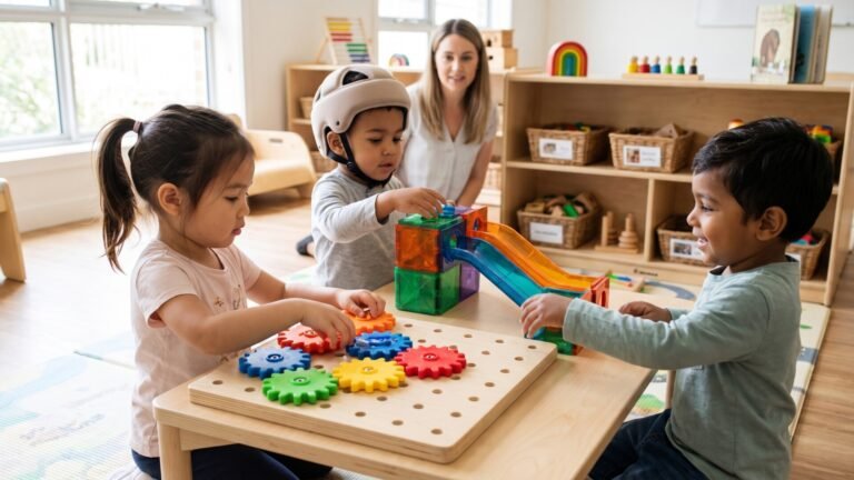 Preschool children playing with colorful gear toys and magnetic building blocks at an inclusive classroom table