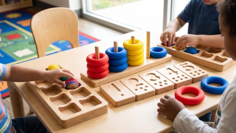 Preschoolers playing with wooden counting boards, colorful stacking rings, and textured sensory balls at a table