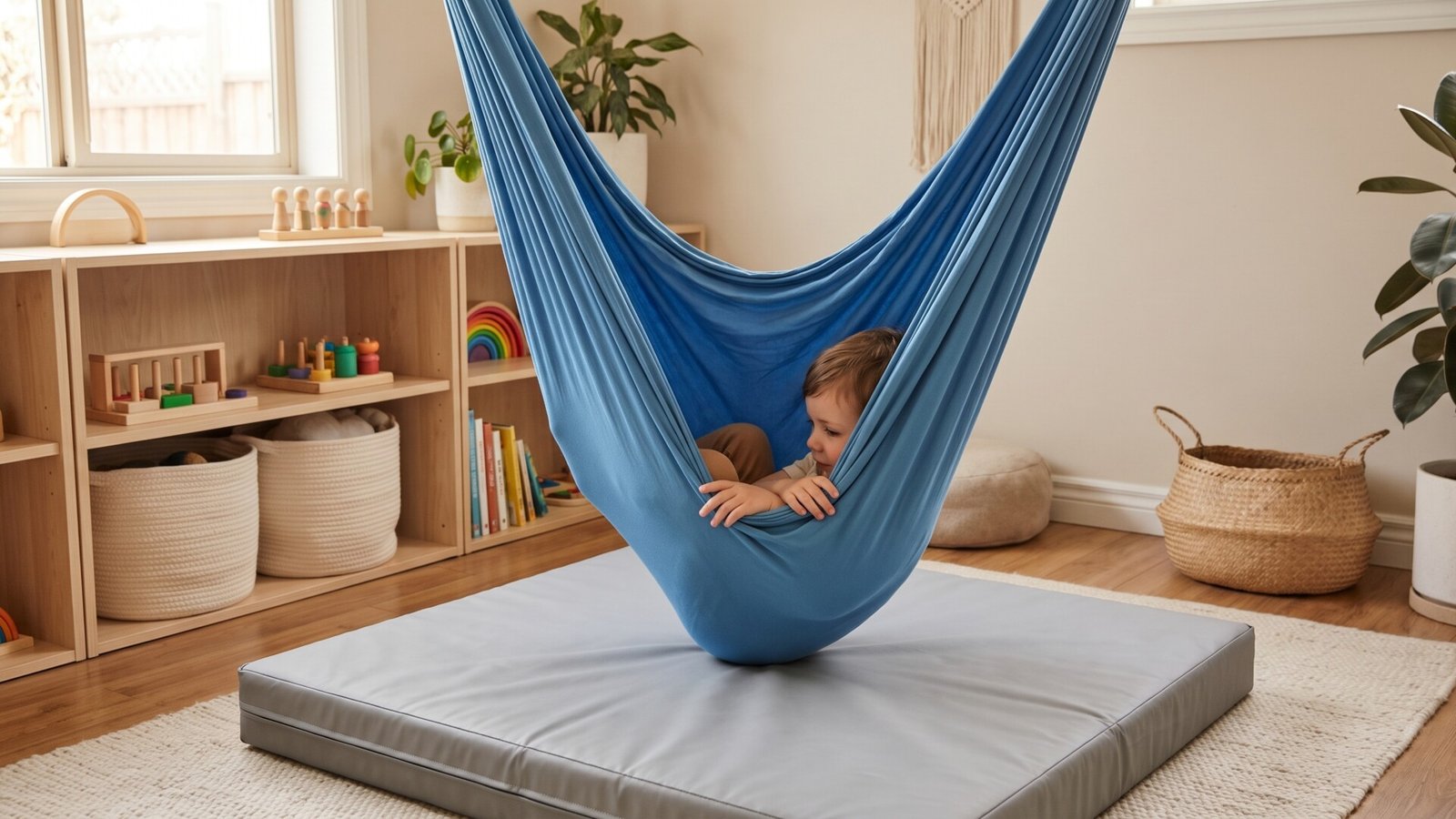 Young child resting in a blue indoor sensory compression swing over a safety mat in a playroom