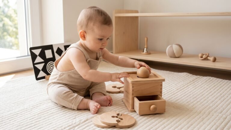 Infant sitting on a nursery mat placing a wooden ball into a Montessori object permanence box