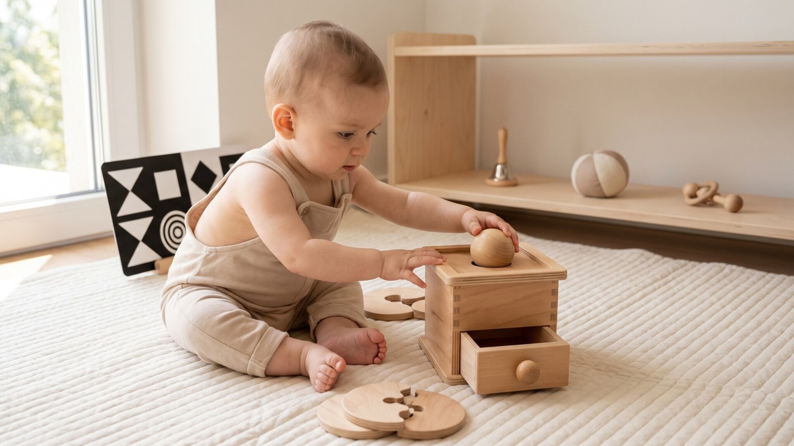 Infant sitting on a nursery mat placing a wooden ball into a Montessori object permanence box