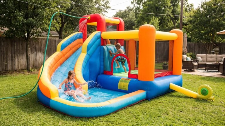 Children playing on a colorful inflatable bounce house with a water slide and splash pool in a backyard