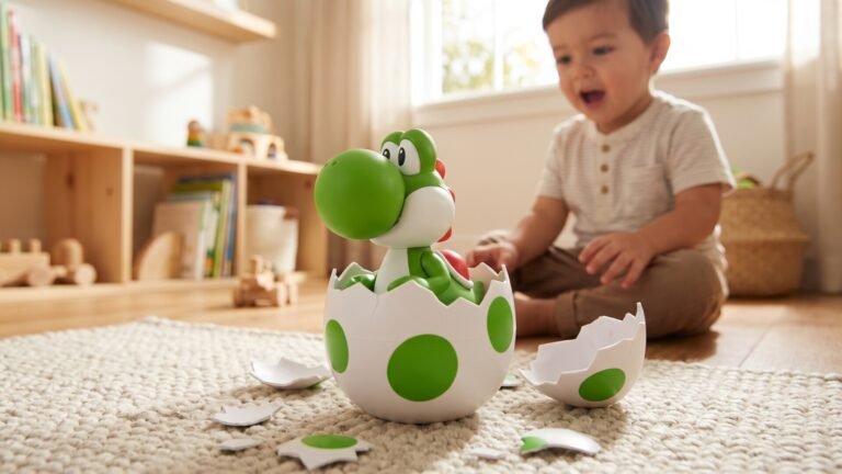 Interactive Hatchin' Yoshi toy emerging from a cracked green-spotted egg beside an excited toddler on a playroom rug