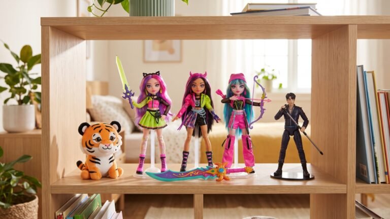 K-Pop Demon Hunters fashion dolls, action figure, and plush tiger displayed on a wooden shelf