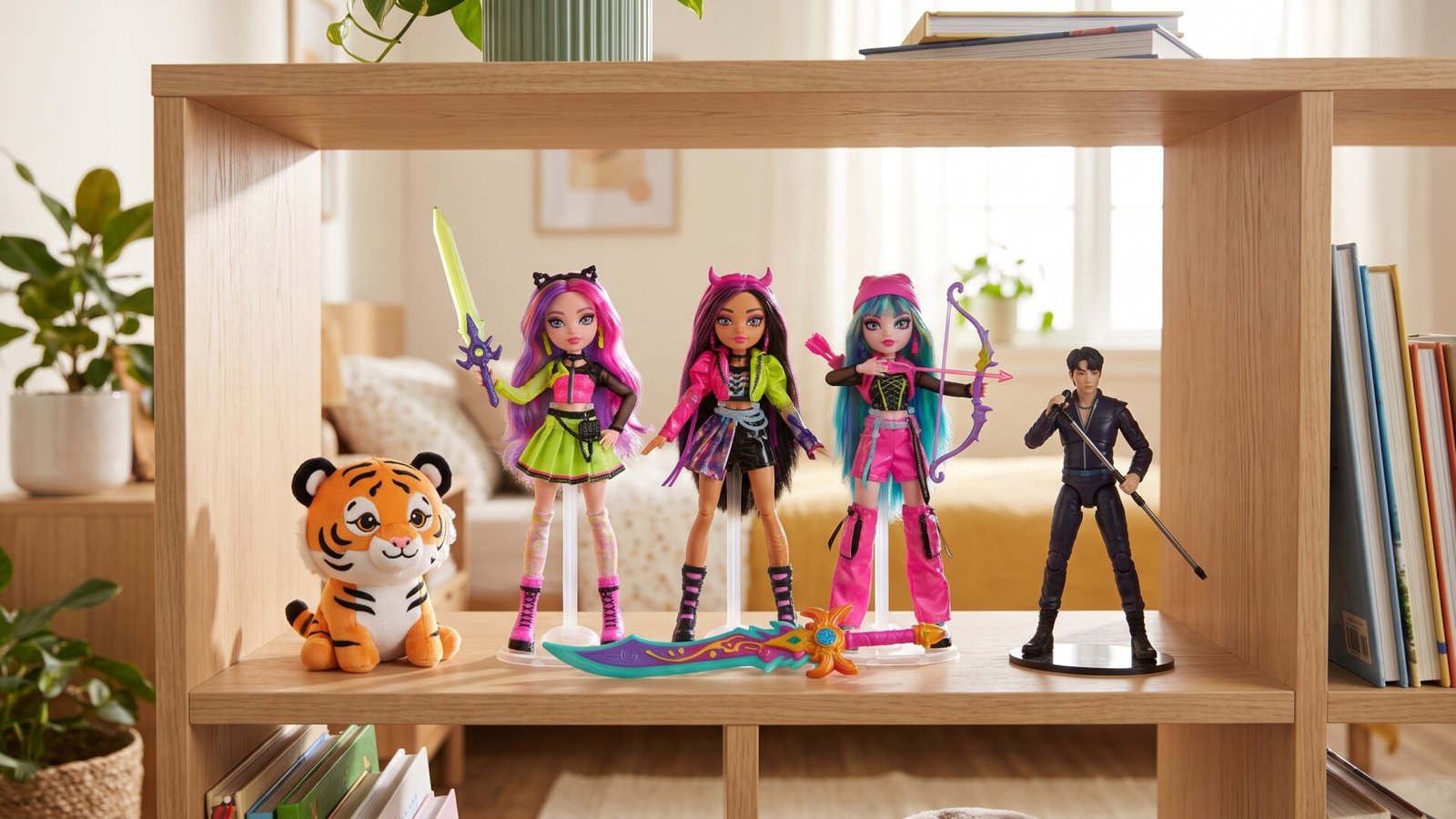 K-Pop Demon Hunters fashion dolls, action figure, and plush tiger displayed on a wooden shelf