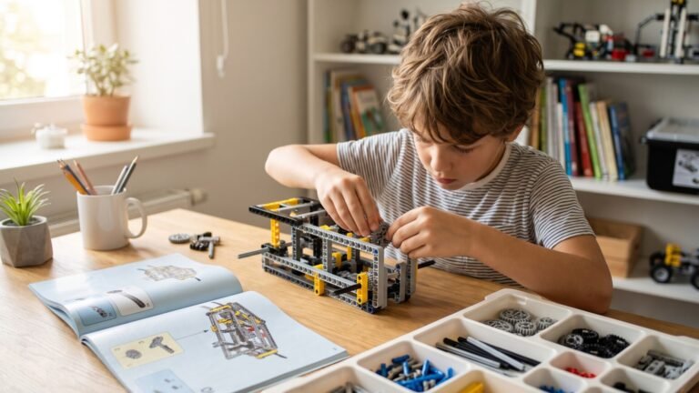 Young boy assembling a complex mechanical gear toy at a desk with an instruction manual and parts tray