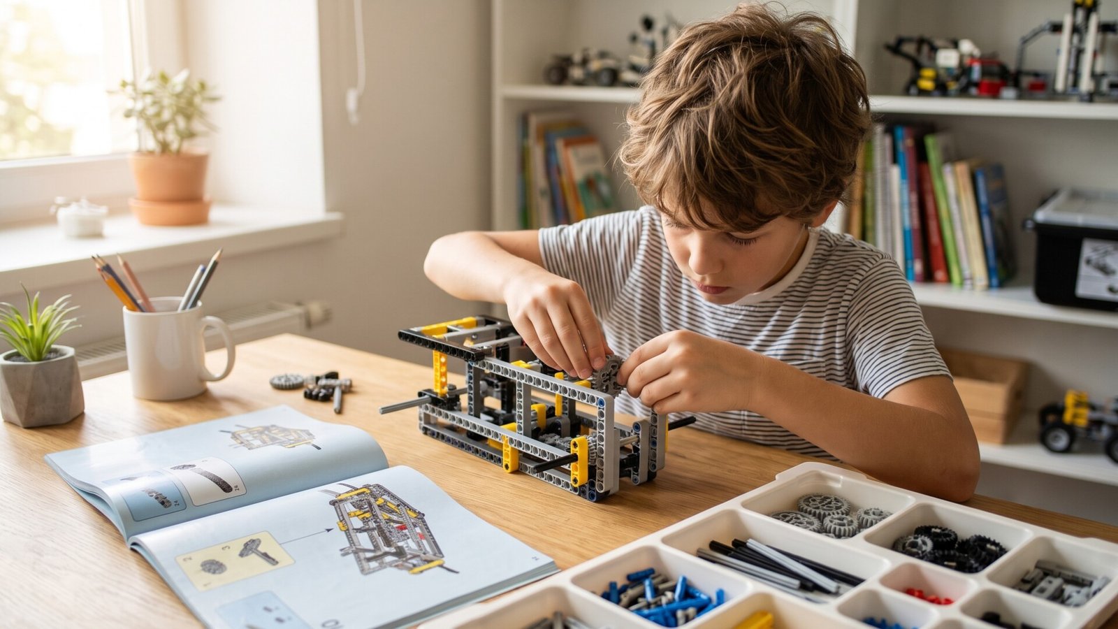 Young boy assembling a complex mechanical gear toy at a desk with an instruction manual and parts tray