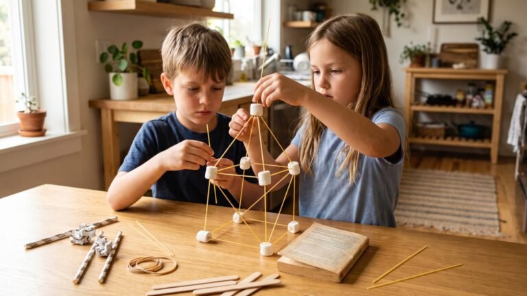 Two children building a geometric tower using dry spaghetti noodles and marshmallows at a table