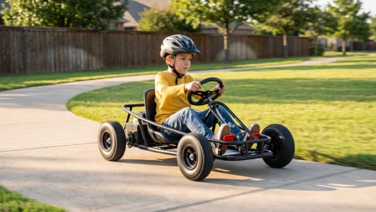 Young boy wearing a safety helmet driving a black electric go-kart along a paved outdoor path