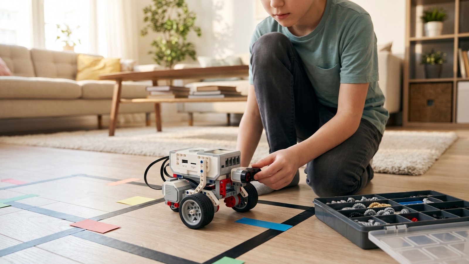 Boy adjusting a sensor on a LEGO Mindstorms EV3 wheeled robot along a taped floor obstacle course
