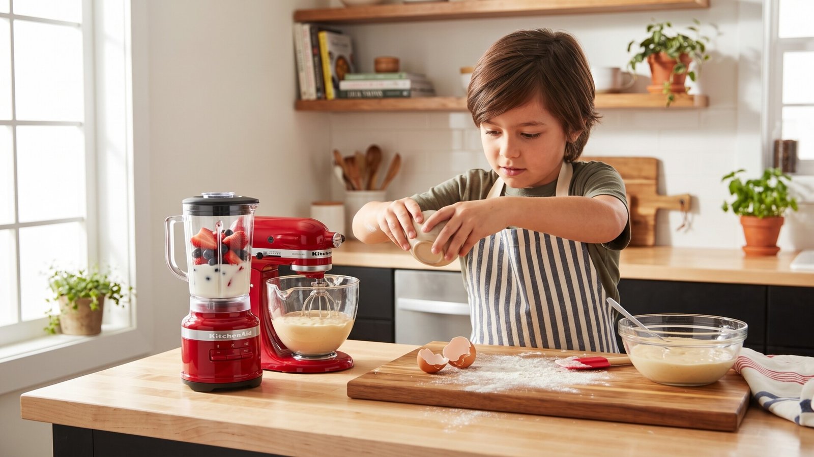 Young boy in an apron preparing batter next to a red KitchenAid blender and mini stand mixer on a kitchen island