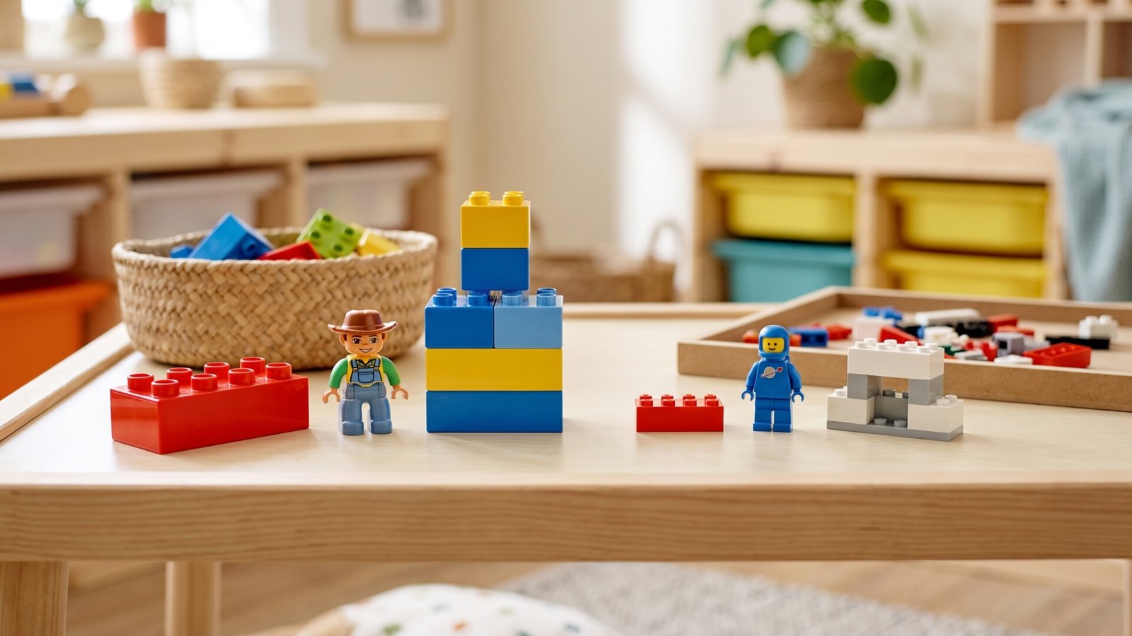 Side-by-side size comparison of large LEGO Duplo blocks and standard classic LEGO bricks on a wooden play table