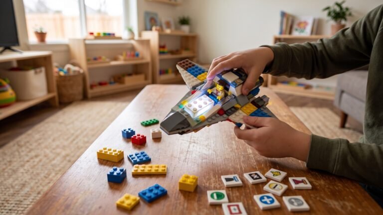 Child holding a LEGO jet with an illuminated smart brick alongside interactive icon tiles on a wooden table