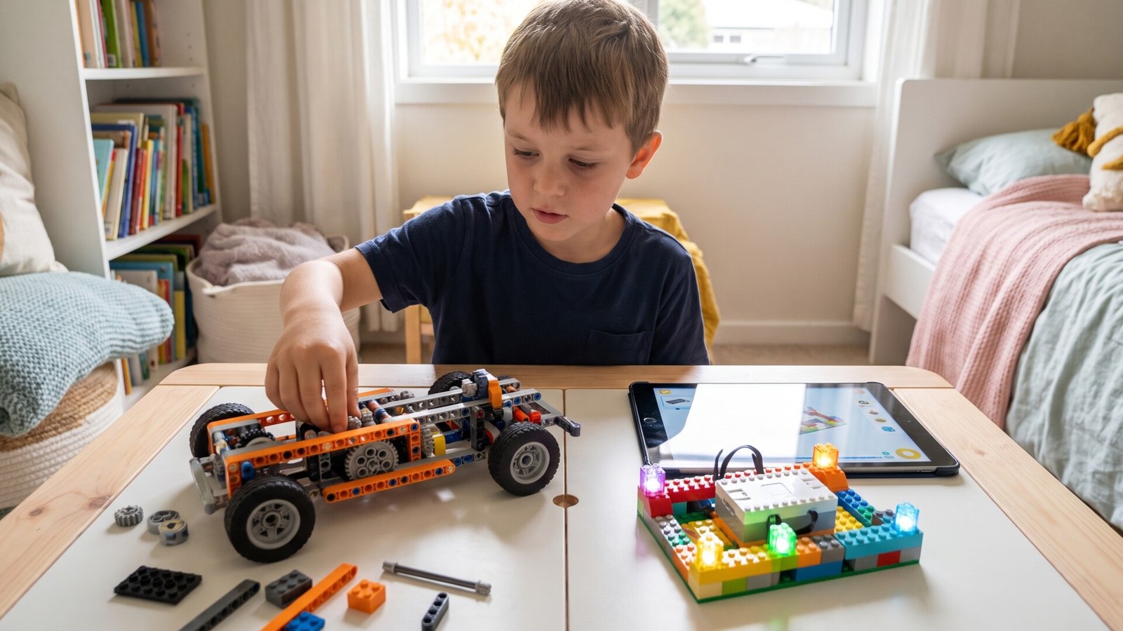 Young boy building a mechanical Lego Technic vehicle alongside an illuminated smart hub model and tablet