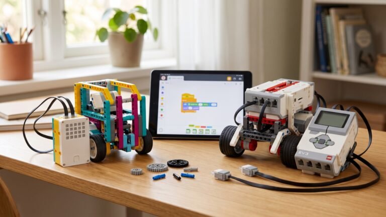 LEGO SPIKE Prime and Mindstorms EV3 robot builds arranged beside a coding tablet on a desk