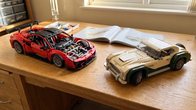LEGO Technic red race car with visible gears beside a classic cream display car on a wooden workbench