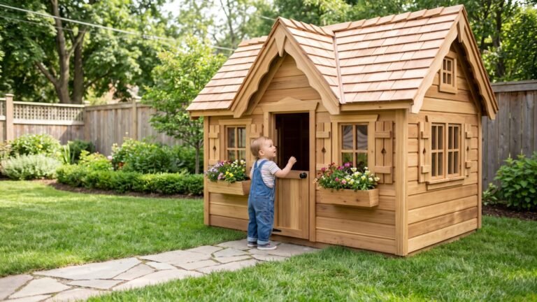 Toddler in denim overalls standing by the Dutch door of a luxury wooden cottage playhouse in a backyard