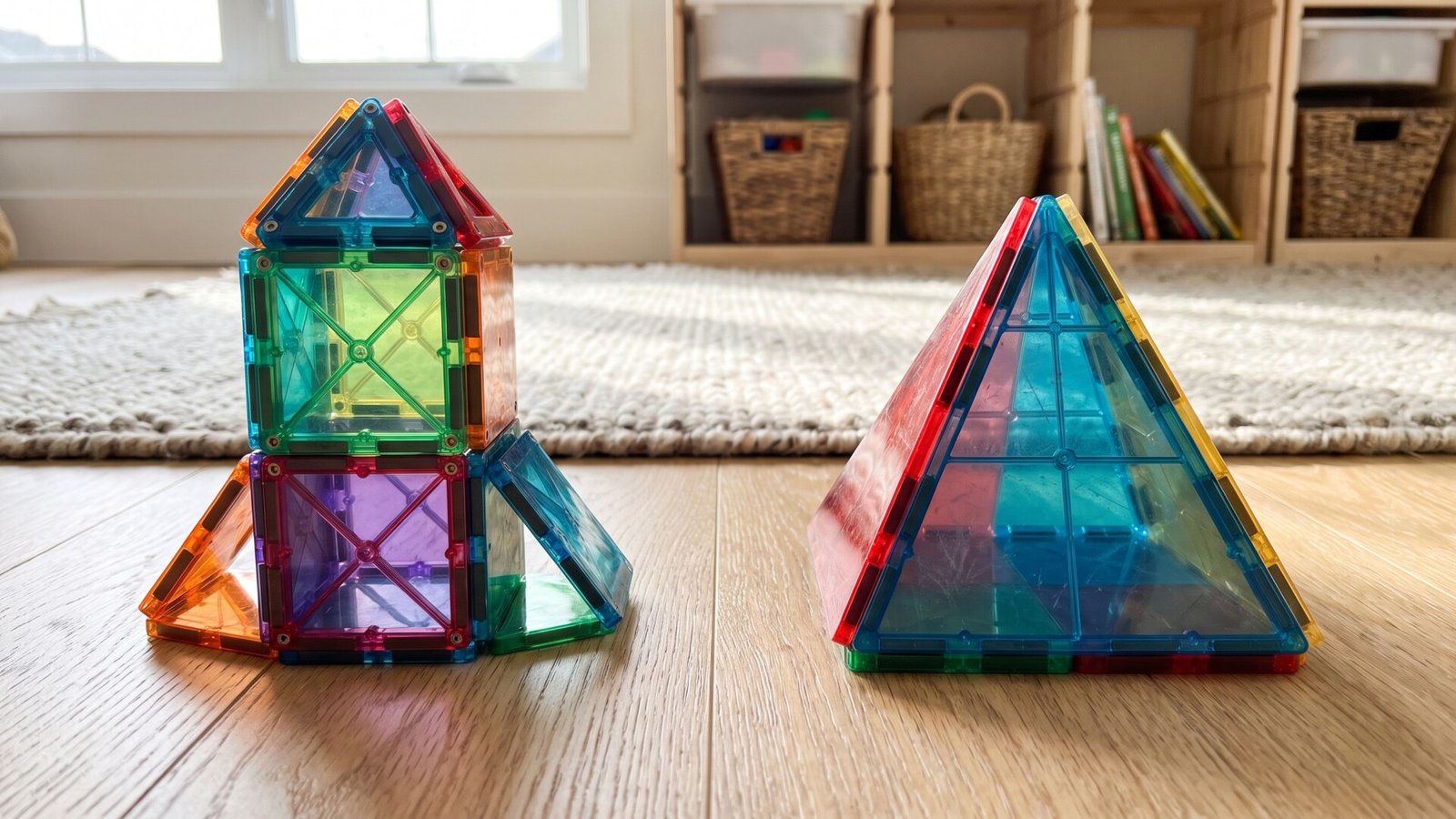 Colorful magnetic tile rocket and pyramid structures displayed side by side on a wooden playroom floor