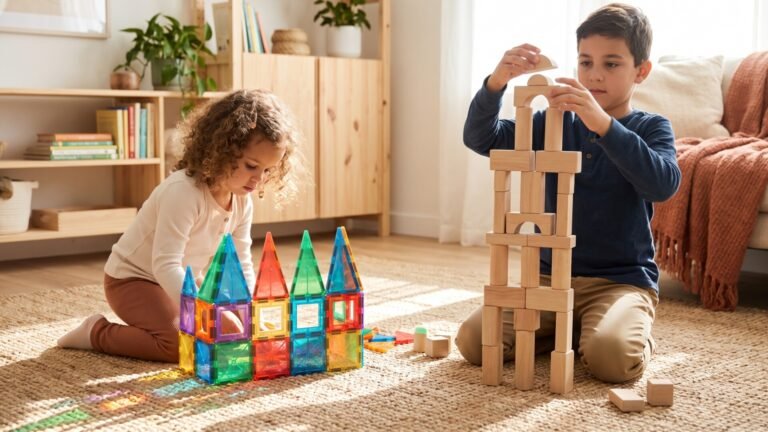 Children playing side-by-side with translucent magnetic tiles and traditional wooden blocks on a rug