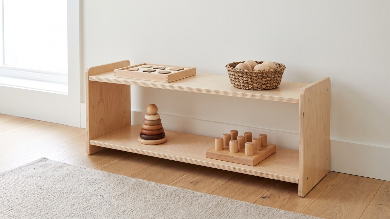Low wooden Montessori play shelf arranged with minimalist wooden toys and a small woven basket