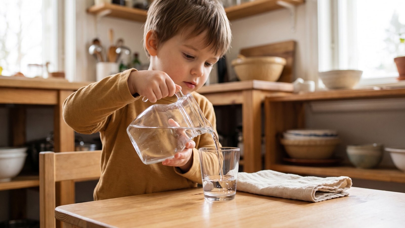 Young child carefully pouring water from a small glass pitcher into a glass at a low wooden table