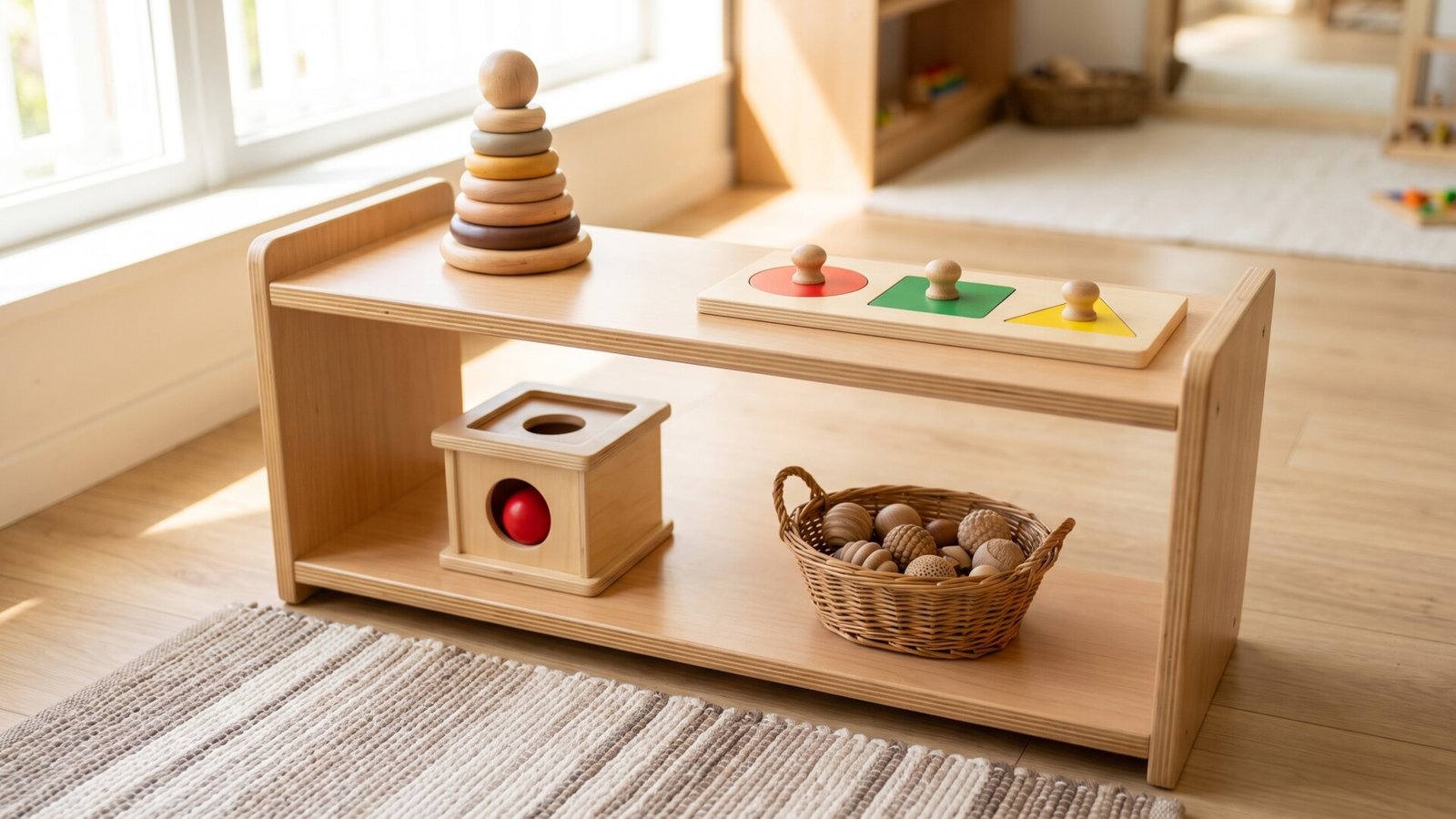 Low wooden shelf arranged with a ring stacker, shape puzzle, object permanence box, and sensory basket