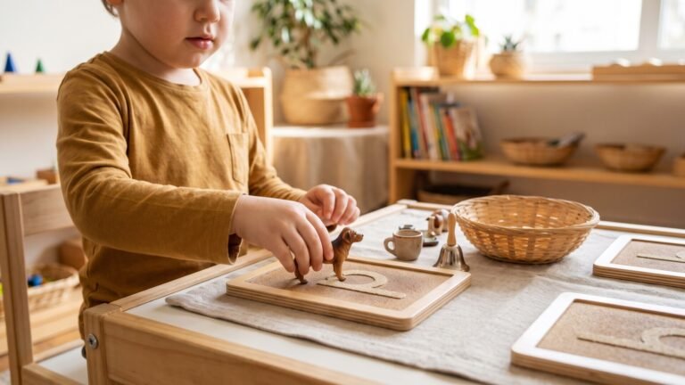 Child placing a toy dog figurine onto a Montessori sandpaper letter board during an object-to-letter matching activity