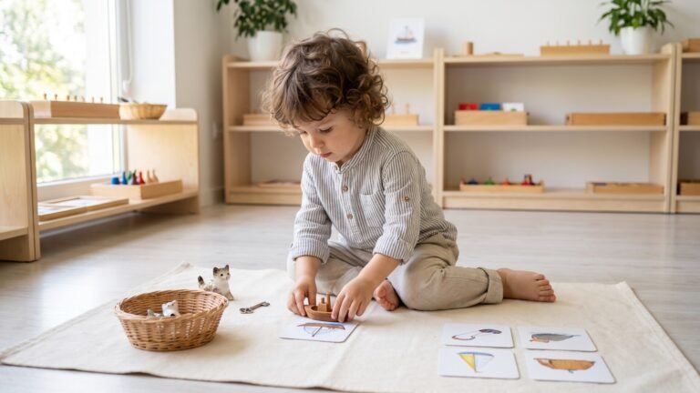 Preschool child matching a miniature toy boat to an illustrated card during a Montessori language game on a work mat