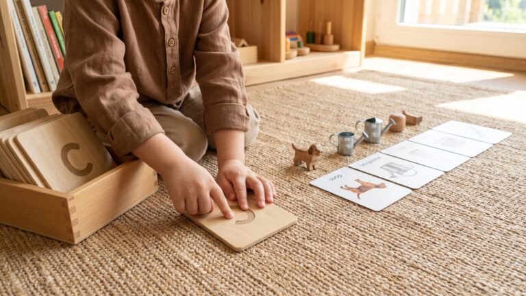 Child tracing a wooden sandpaper letter board beside miniature objects matched to illustrated language cards