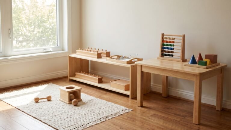 Progression of wooden Montessori learning materials from infant floor toys to table manipulatives for older children