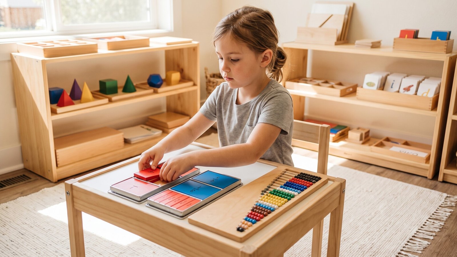 A young girl using Montessori fraction tiles and bead counting materials at a wooden table in an organized classroom
