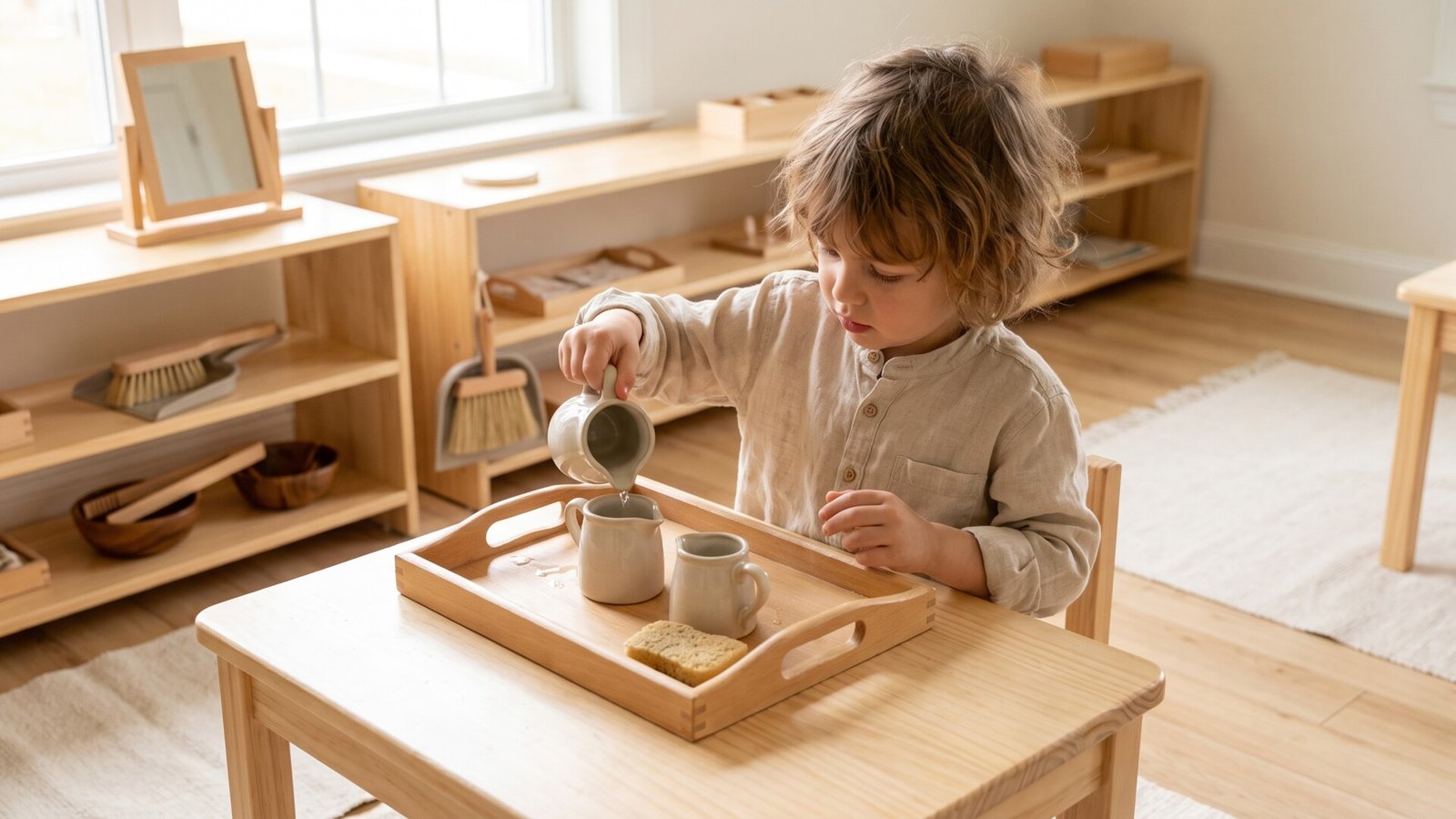 Young child practicing water pouring using small ceramic pitchers on a wooden tray in a Montessori room