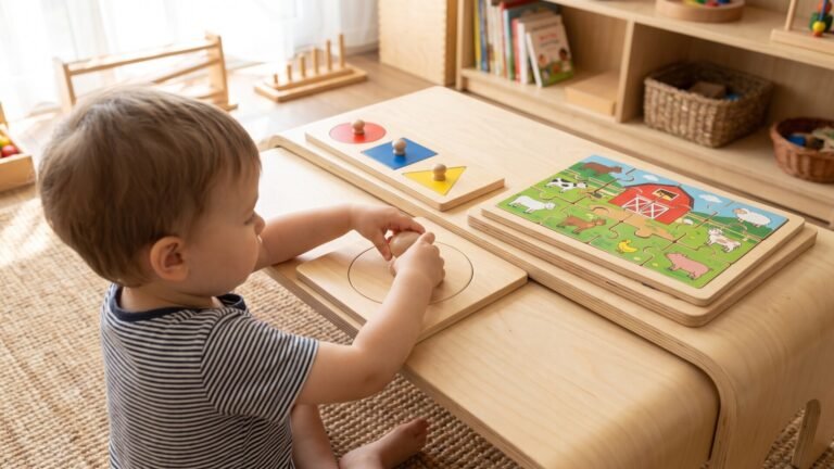 Toddler exploring wooden Montessori puzzles of increasing difficulty on a low table