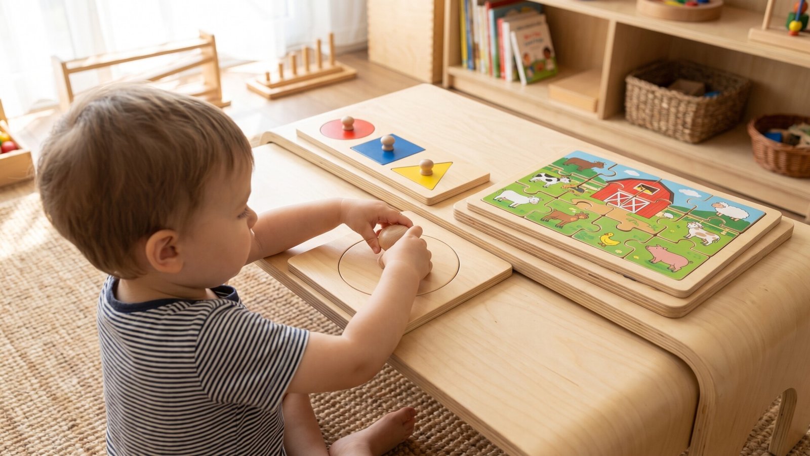 Toddler exploring wooden Montessori puzzles of increasing difficulty on a low table